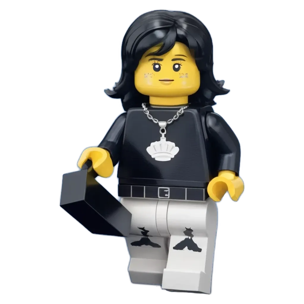 A black and white lego person holding a sword.