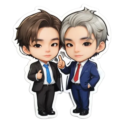 Two boys wearing suits and ties, one pointing.