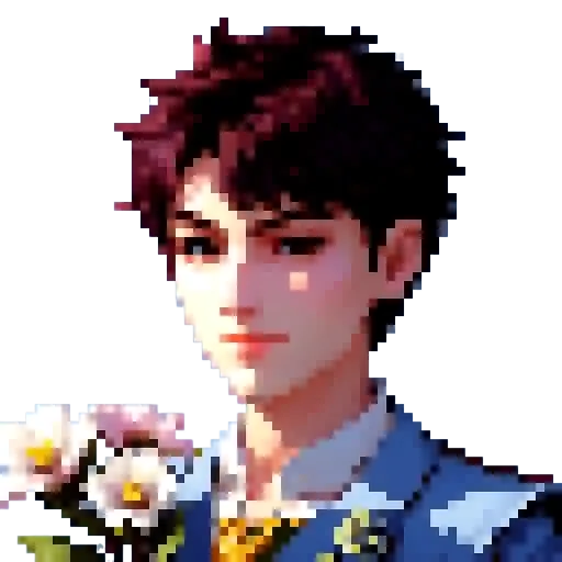 An art image of a boy holding flowers.