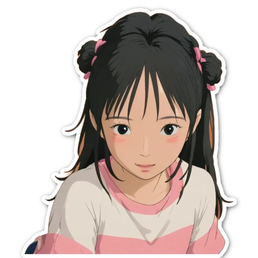 A girl with pink and white stripes has her head tilted to the side.