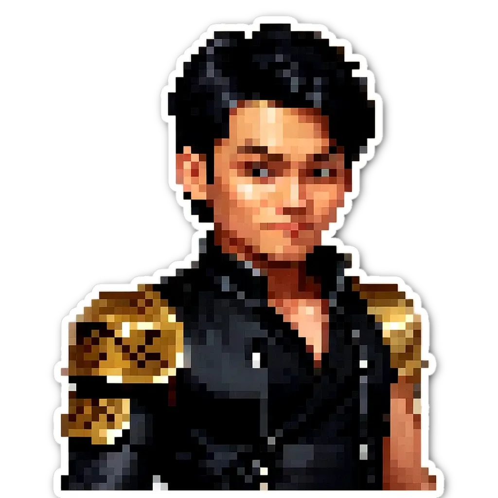 A very detailed and small image of a man wearing a black outfit with gold accents.