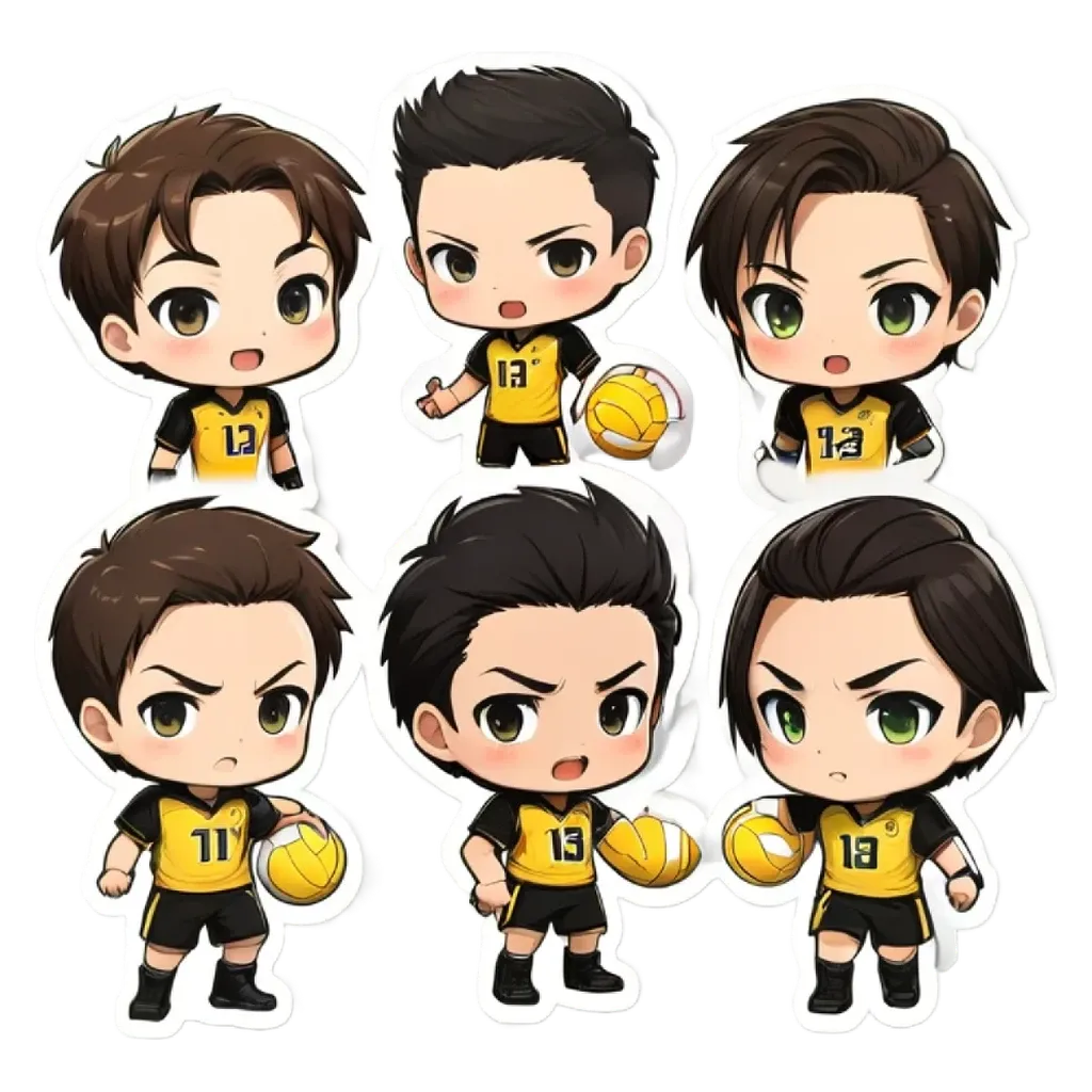 A set of 6 small boys who are playing volleyball.