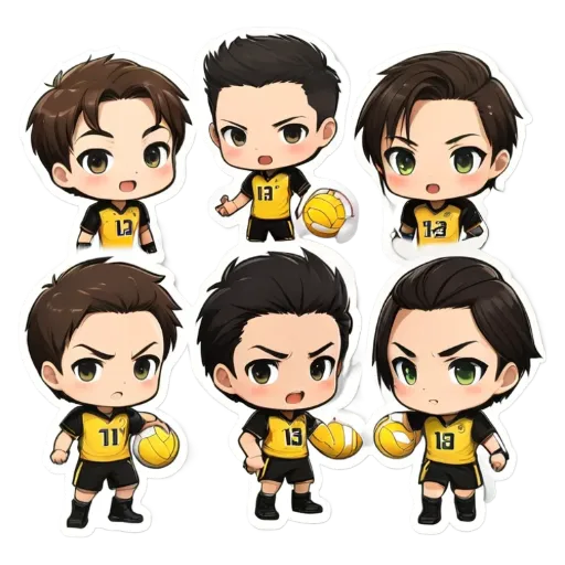 A set of 6 small boys who are playing volleyball.