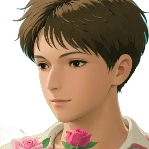 An anime character looks at a rose with a small heart.