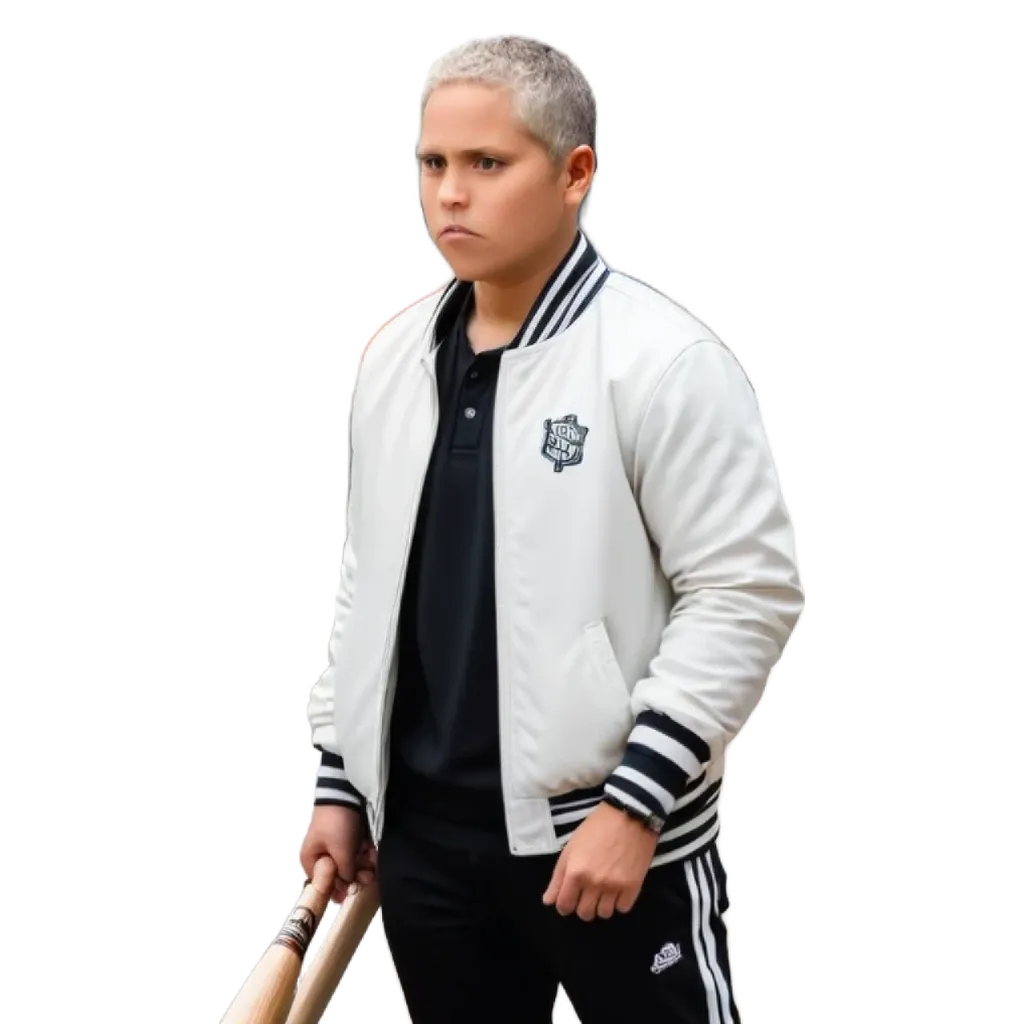 A young boy wearing a white jacket holds a baseball bat.