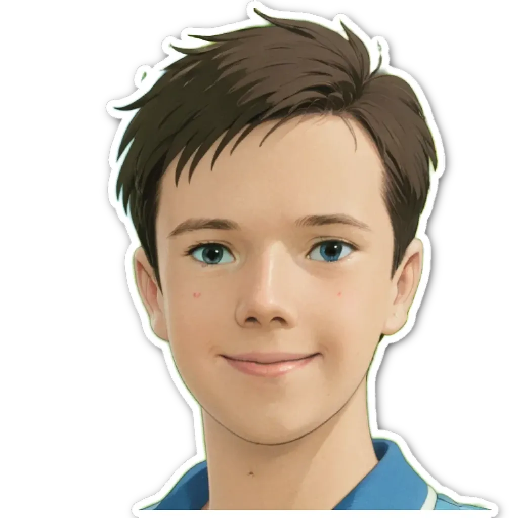 A boy with a blue shirt and brown hair.