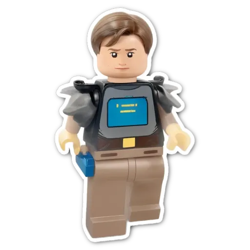 A lego figure with blue eyes and a blue belt.