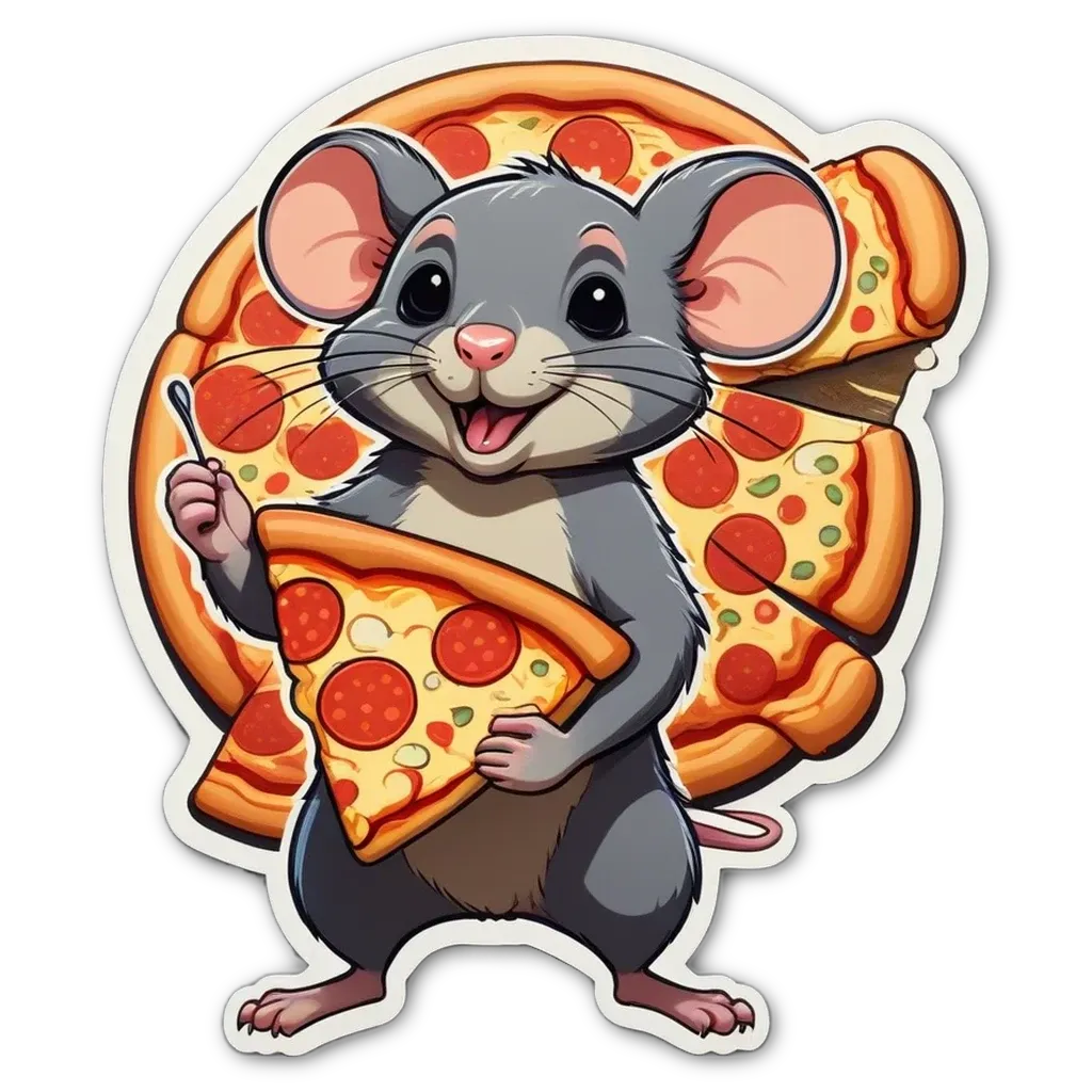 A cartoon image of a mouse holding a slice of pizza.