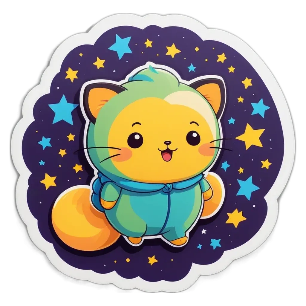 A cat in outer space wearing a blue jumpsuit.