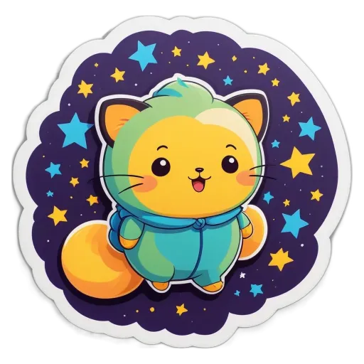 A cat in outer space wearing a blue jumpsuit.