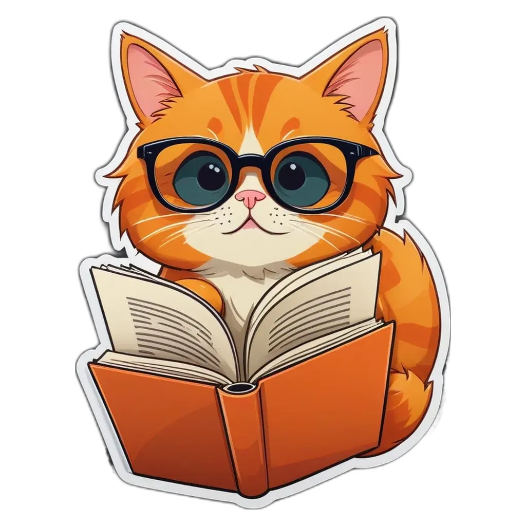 A cat wearing glasses and reading a book.