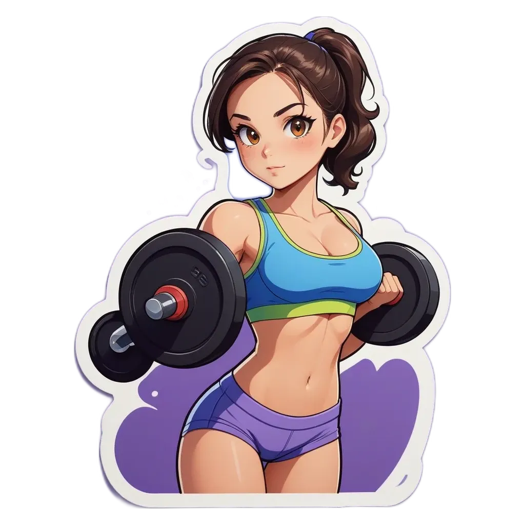 A sticker of a girl with weights that is on a black background.