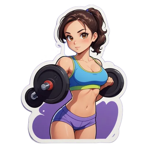 A sticker of a girl with weights that is on a black background.