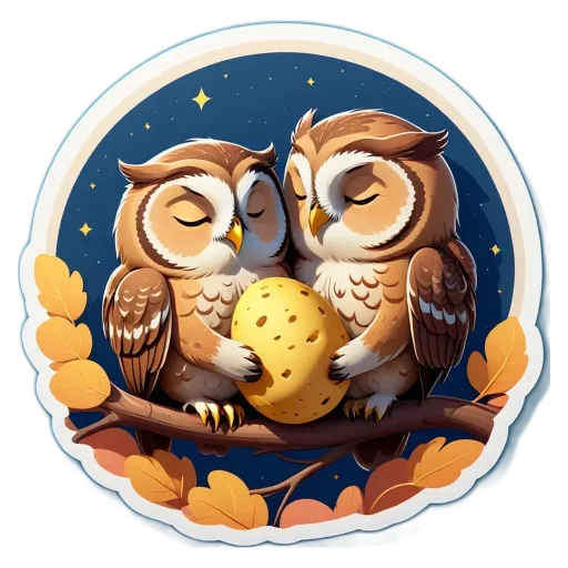 Two owl stickers sleeping next to each other with a potato between them.