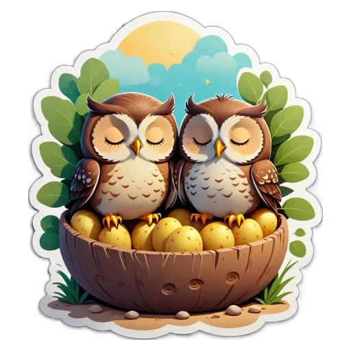 Two cartoon owl stickers are in a wooden bowl.