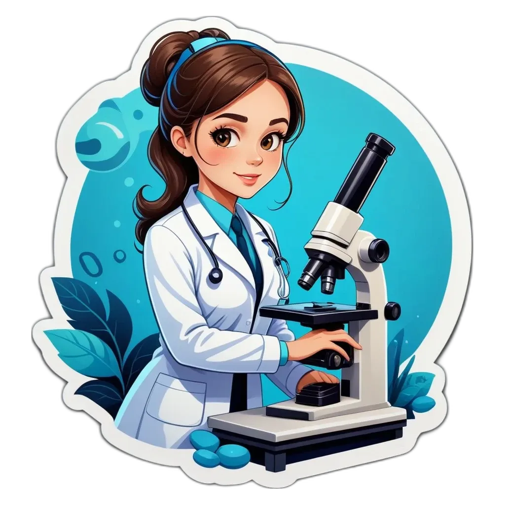 A cartoon image of a woman doctor who is looking through a magnifying glass.