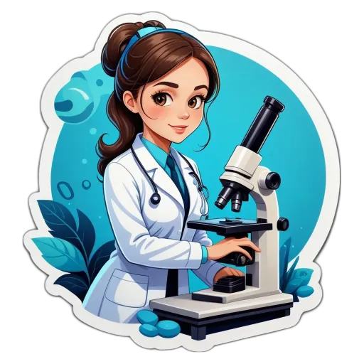 A cartoon image of a woman doctor who is looking through a magnifying glass.