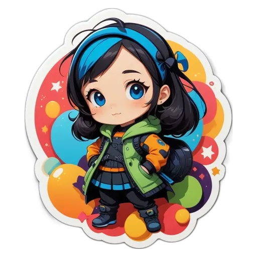 A girl is standing in front of a circle of many colors with a black jacket and green skirt.