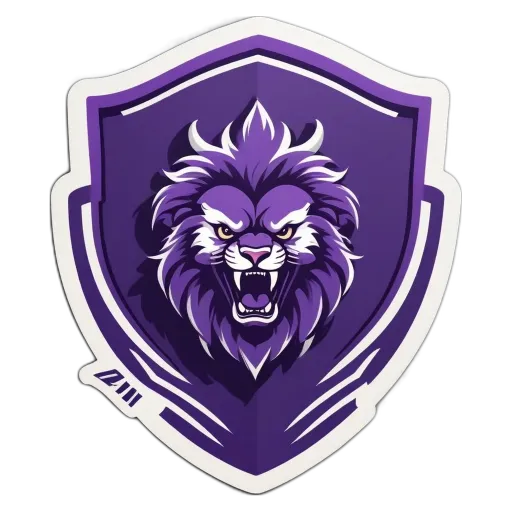 A logo of a lion with teeth that is color purple.