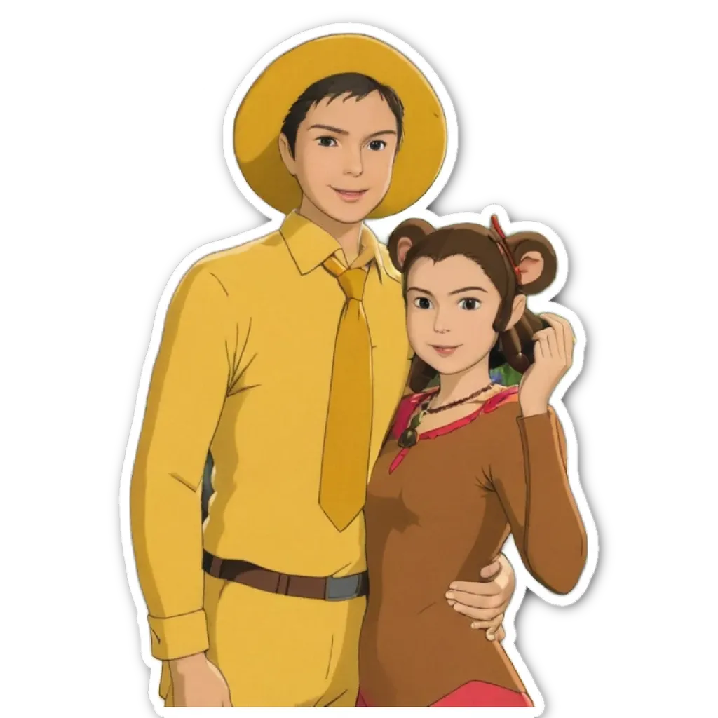 A man and a woman wearing cartoon like clothing have their arms around each other.