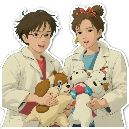 A girl holding a stuffed animal in a lab coat.