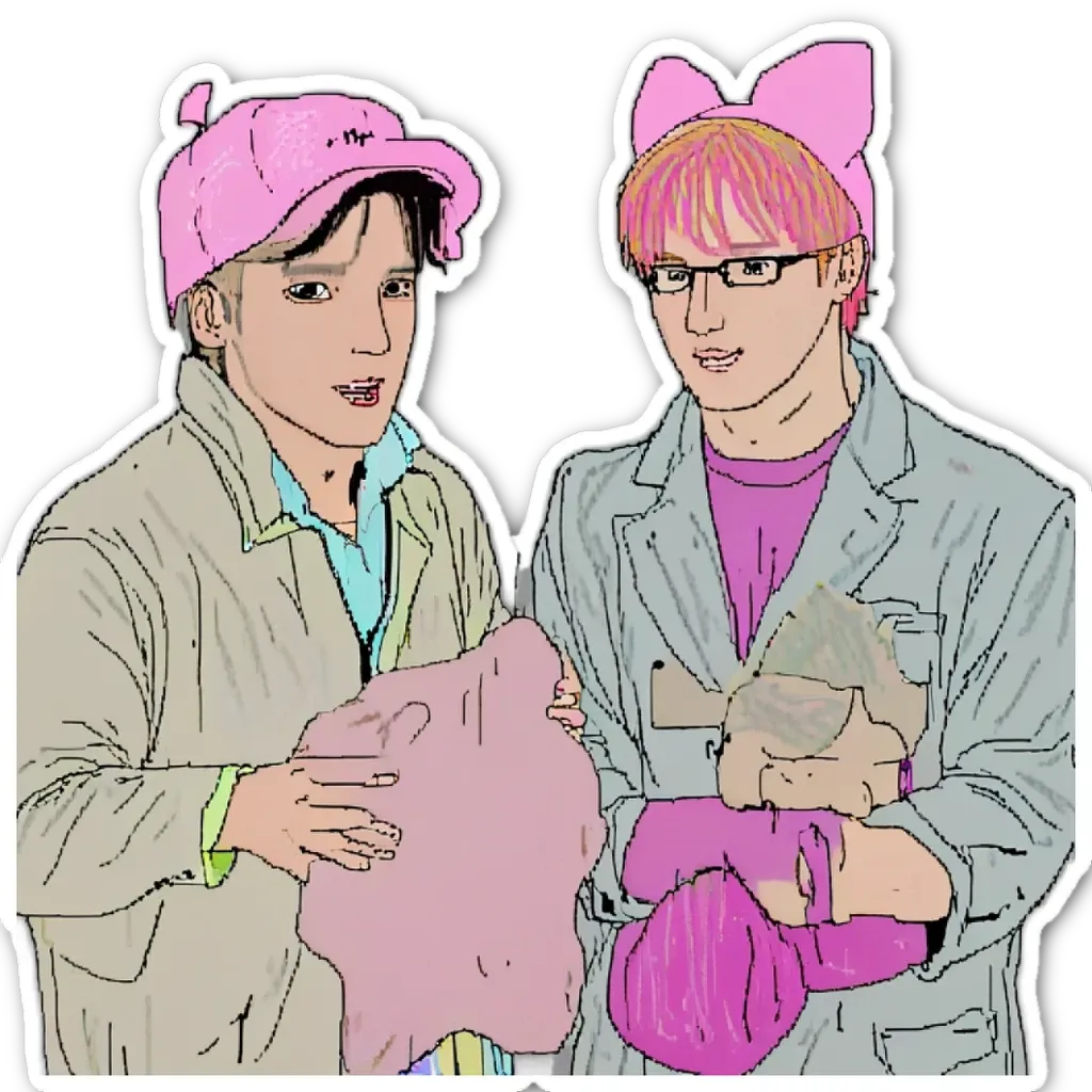 Two guys in pink hats and glasses holding stuffed animals.