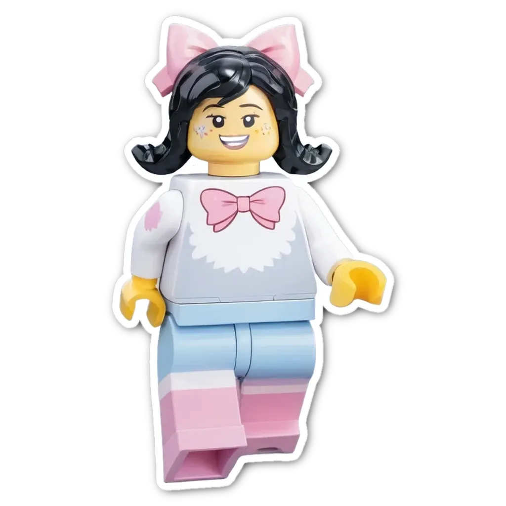 A lego girl with a bow in her hair is standing on a black and white background.