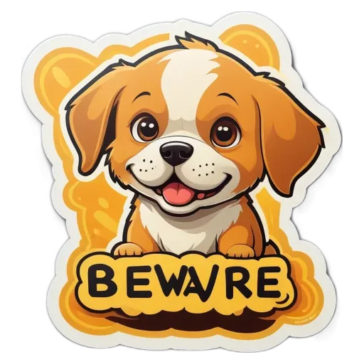 A sticker of a dog that says "be ware".