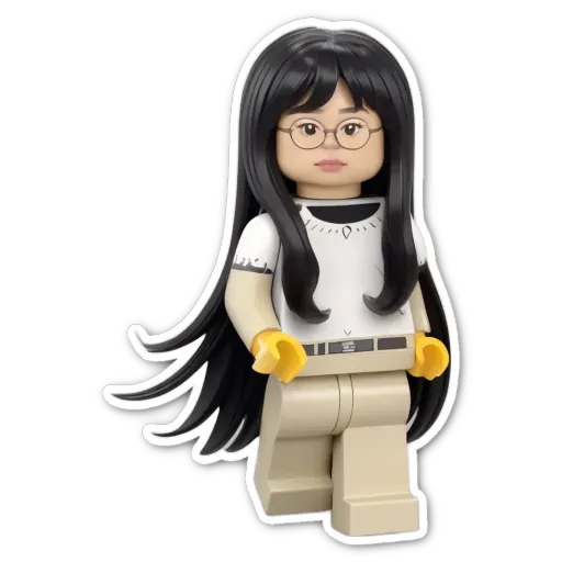 A lego girl with long hair and glasses standing in front of a black background.