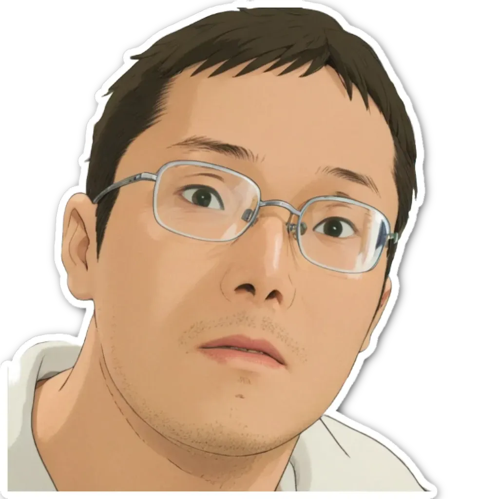 A man wearing glasses and a white shirt with a sticker on it.