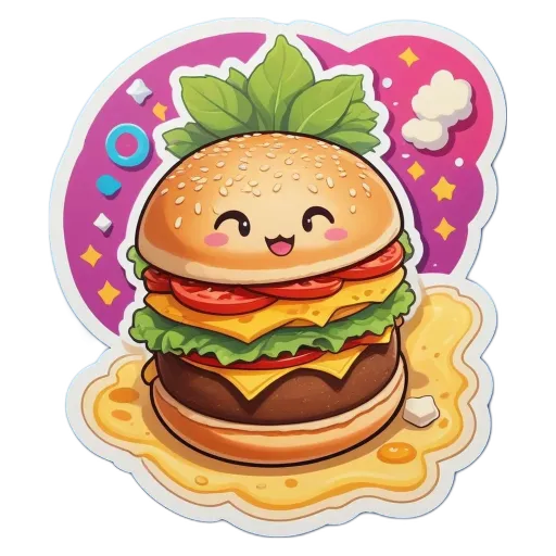 A burger with lettuce and tomato on a colorful sticker.