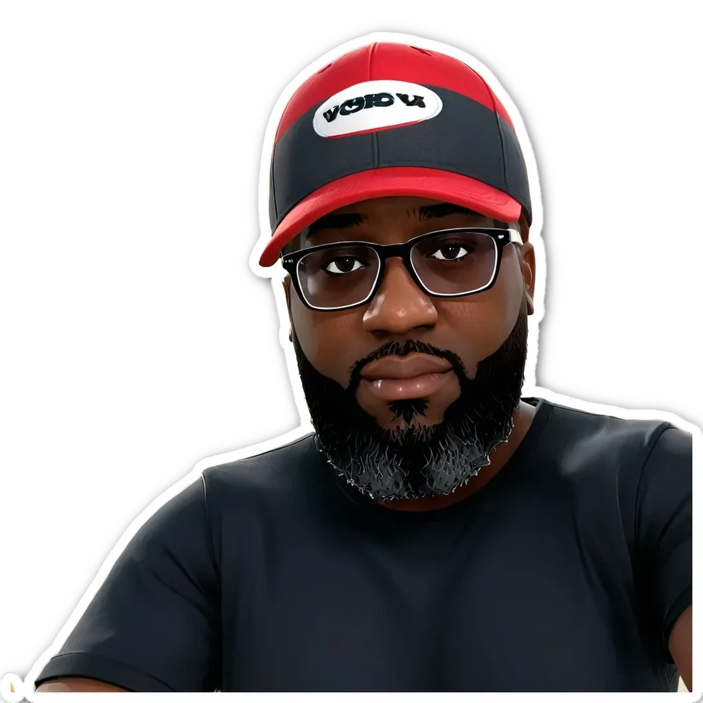 A sticker of a man with a red and black hat and glasses.