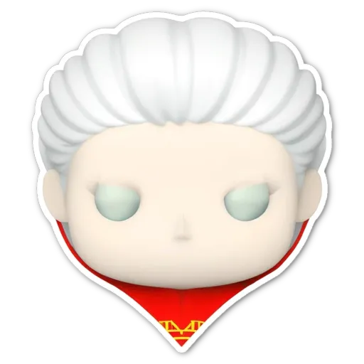 A sticker of a face of a pop figure that is red and white.