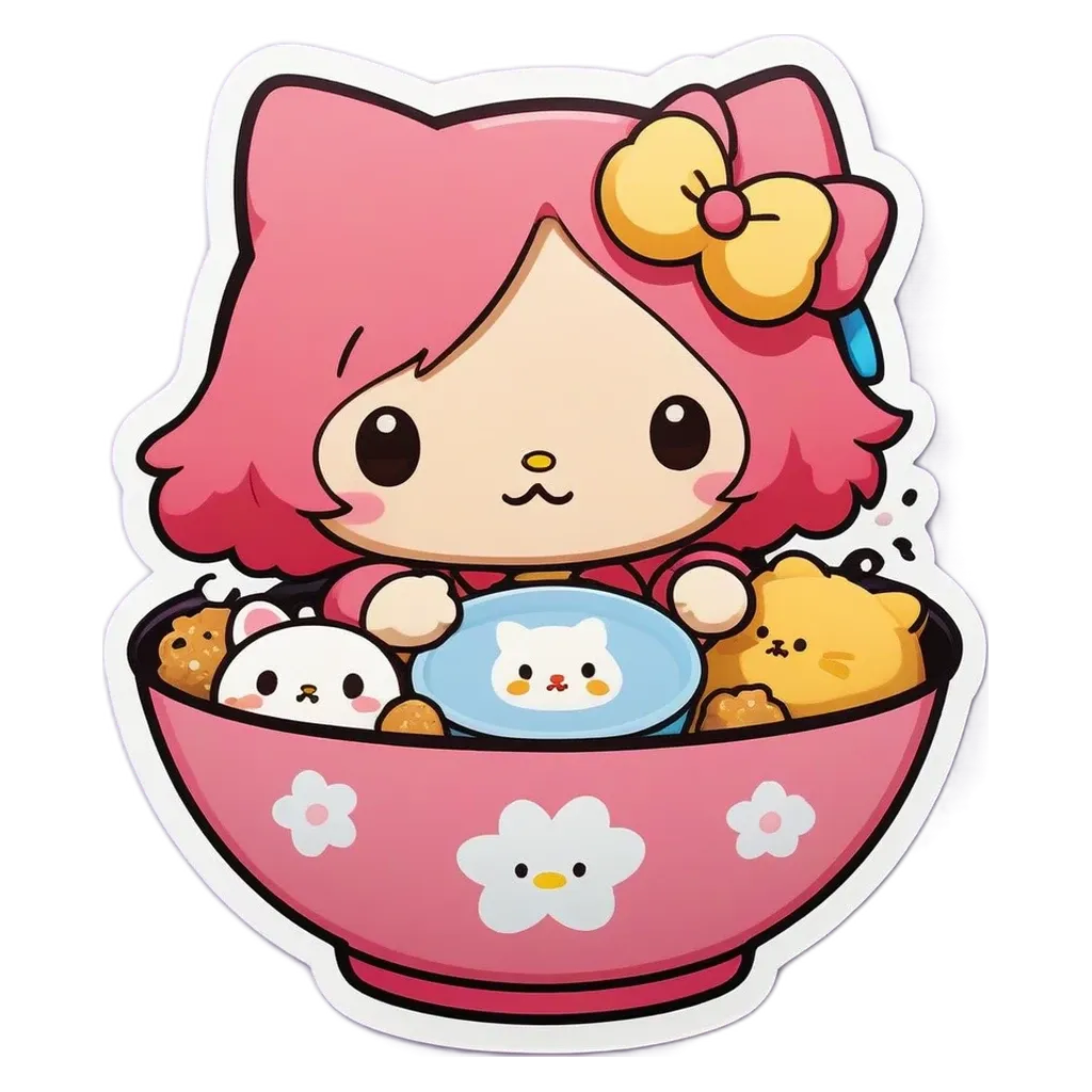 A Hello Kitty cat in a bowl of food is sitting in a black and white background.