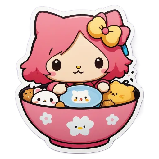 A Hello Kitty cat in a bowl of food is sitting in a black and white background.