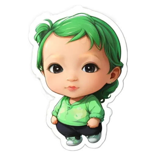 A green colored cartoon character with black eyes and a button on his jacket.