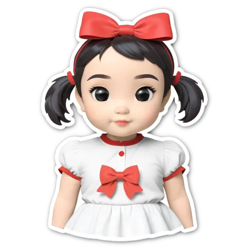 A sticker of a little girl with a red bow on her right shoulder.