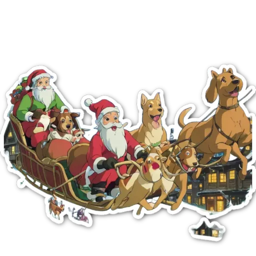 A cartoon depiction of a dog sled being pulled by Santa Claus and his dogs.