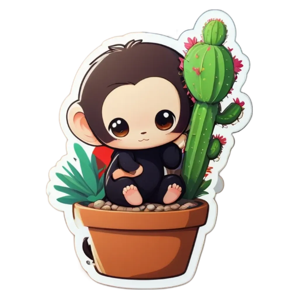 A cartoon monkey sitting in a cactus planter.