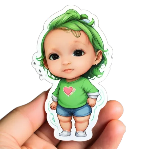 A green colored cartoon girl with a heart on her shirt.