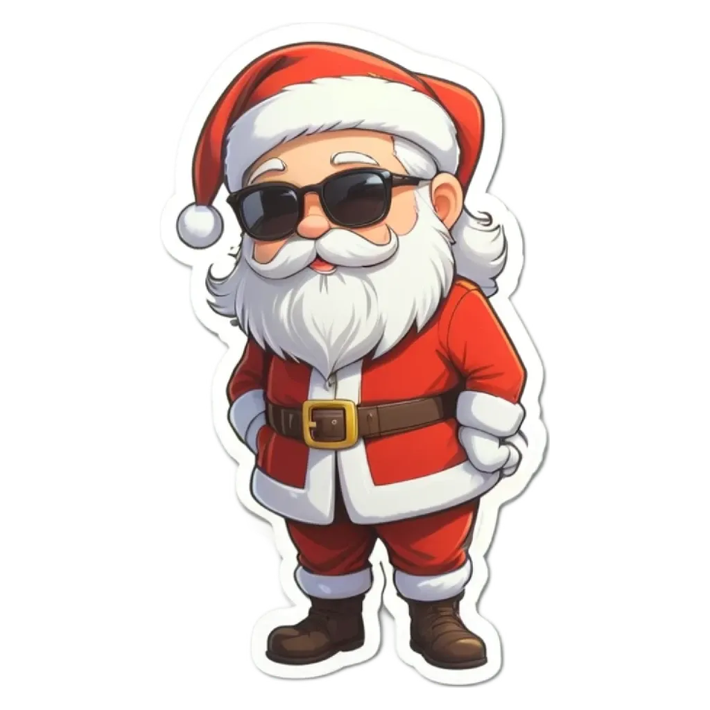 A Santa Claus with shades on, standing on a black and white background.