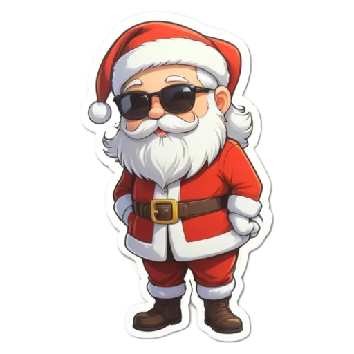 A Santa Claus with shades on, standing on a black and white background.