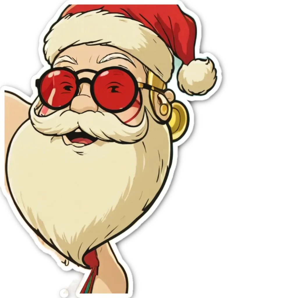 A Santa Claus with red glasses on and a red hat.