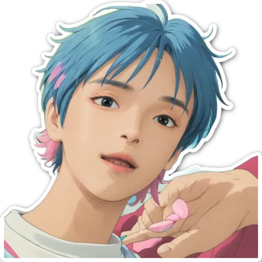 A boy with blue hair and a pink shirt.