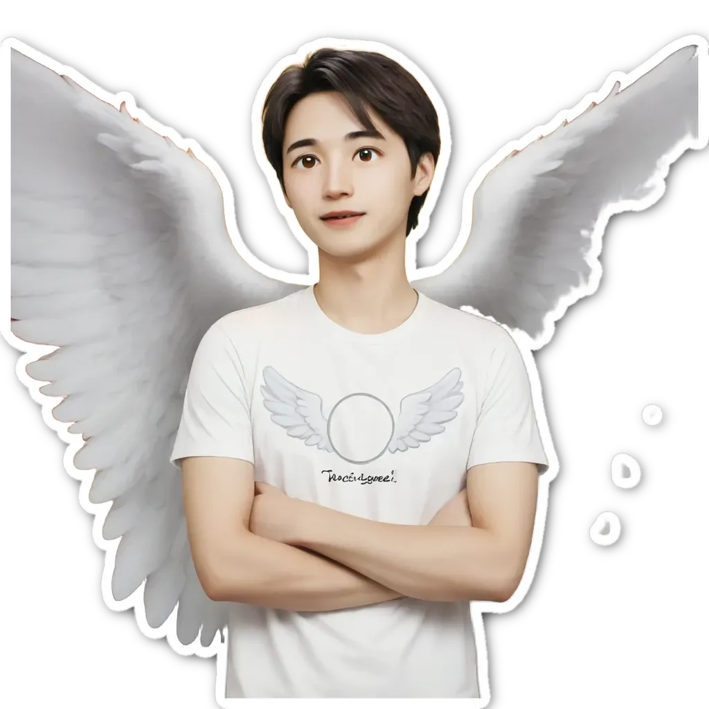 An Asian boy wearing a white shirt with angel wings and a circle around his chest.