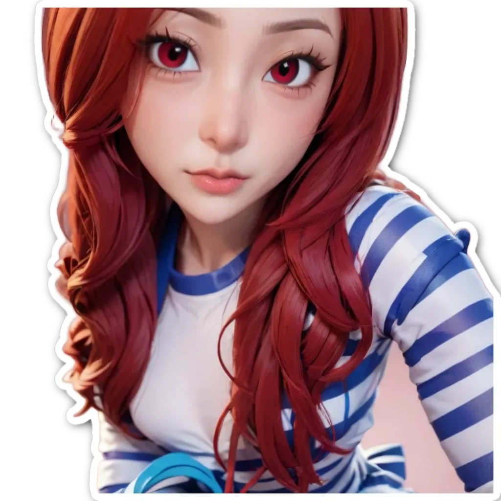 A very long red hair girl in a striped shirt is looking at the camera.