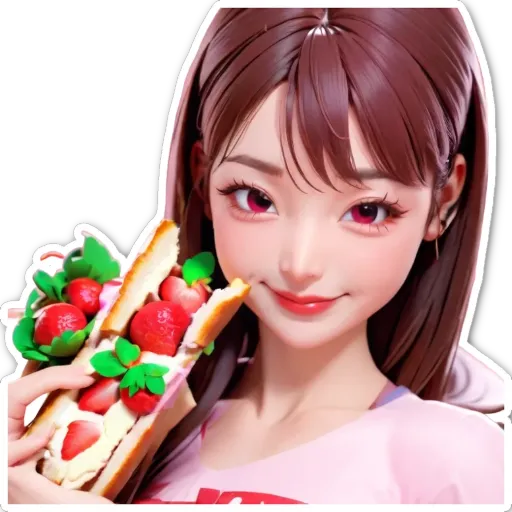 A girl holding a sandwich with strawberries on it.