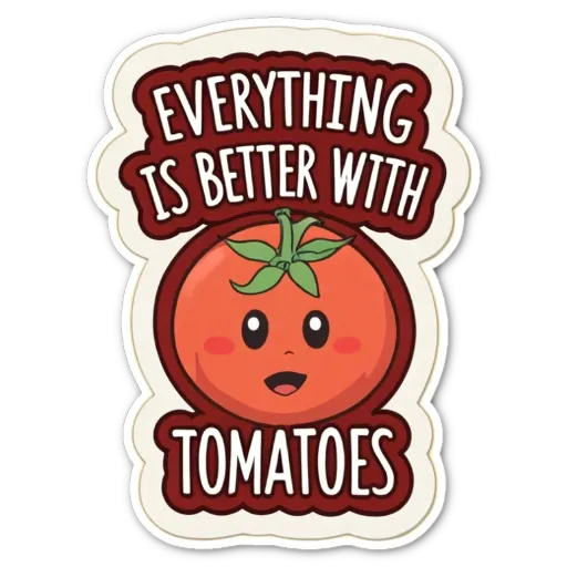 A tomato with a smiley face sticker saying everything is better with tomatoes.