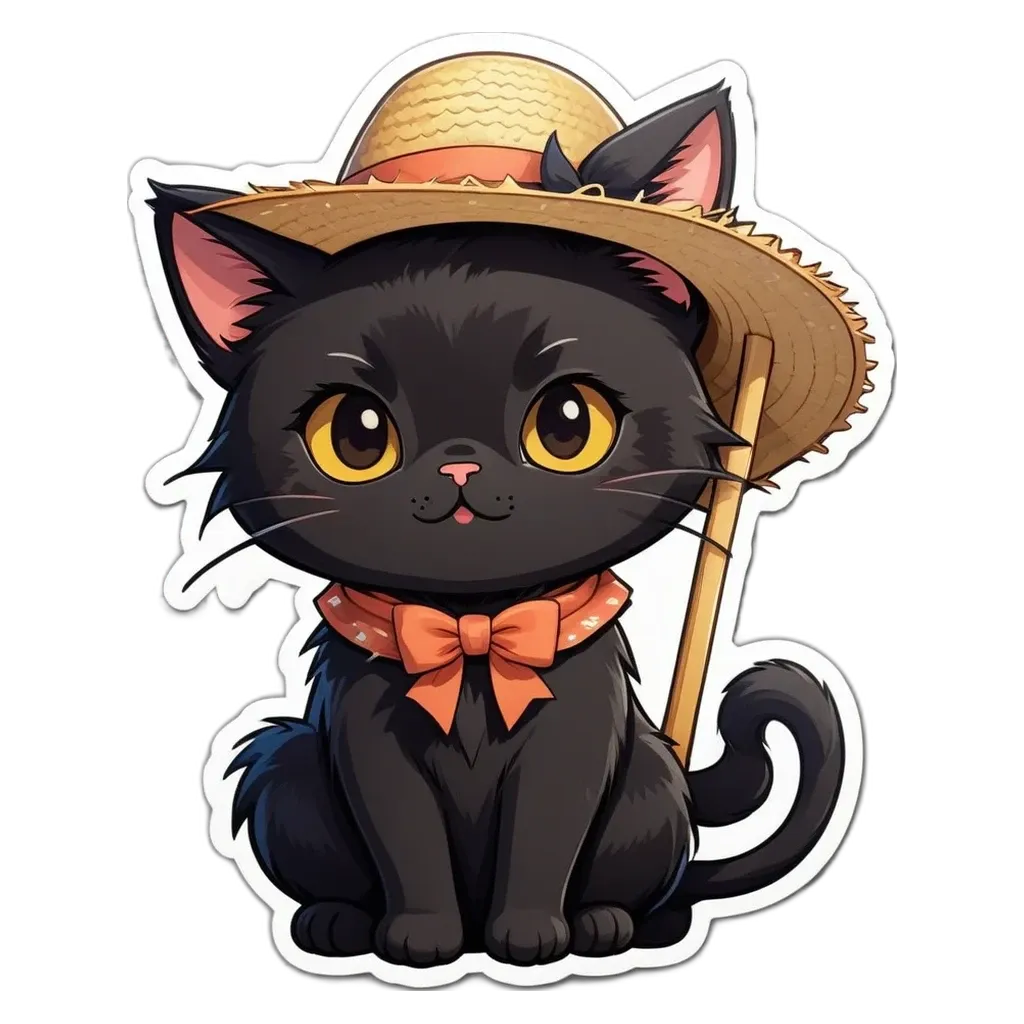 A cartoon picture of a black cat wearing a straw hat.