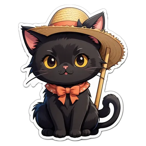 A cartoon picture of a black cat wearing a straw hat.